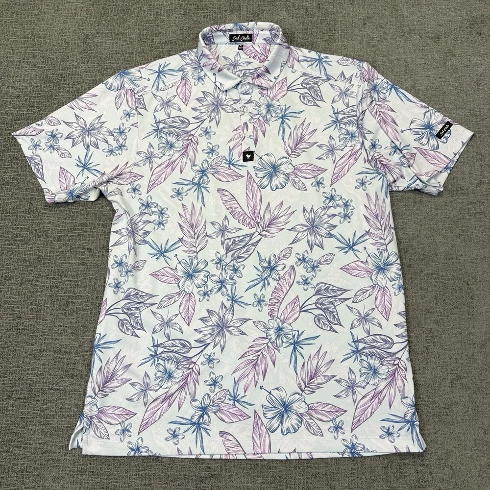 Bad Birdie Golf Polo Shirt Mens XL White Tropical Floral Hawaiian Stretch